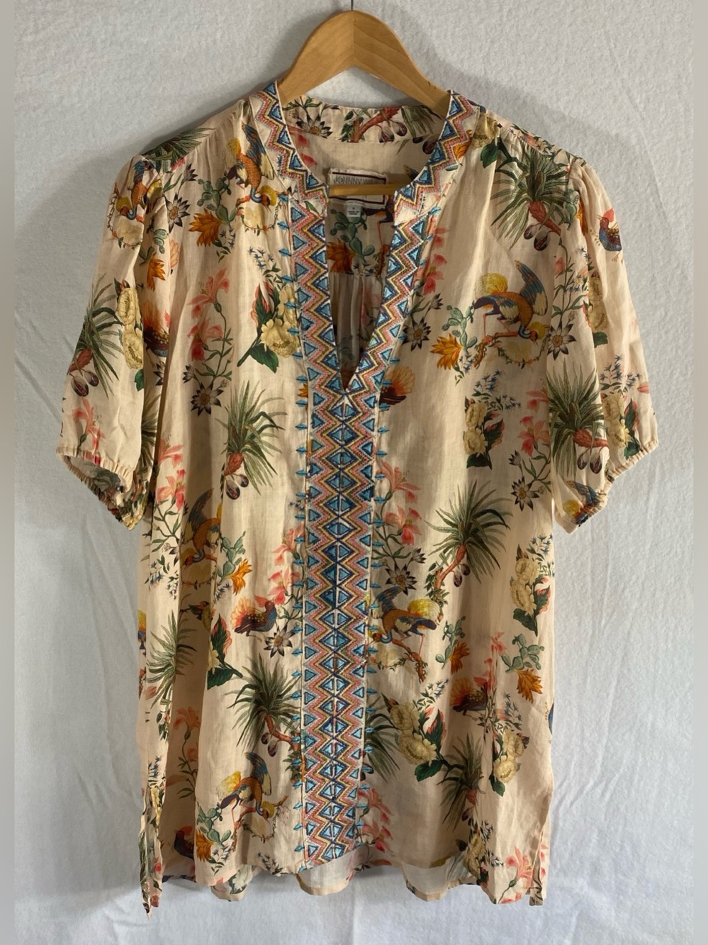 Johnny Was Caspian Floral Embroidered Boho Tunic Top Beige Cream Size S